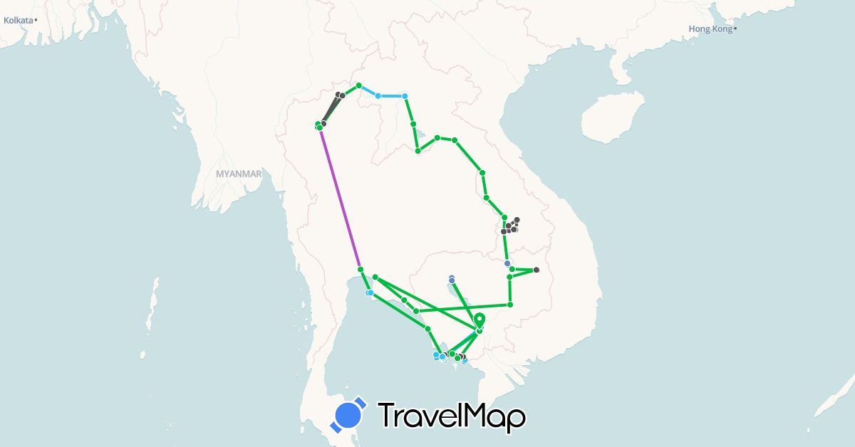TravelMap itinerary: bus, plane, cycling, train, boat, motorbike in Cambodia, Laos, Thailand (Asia)